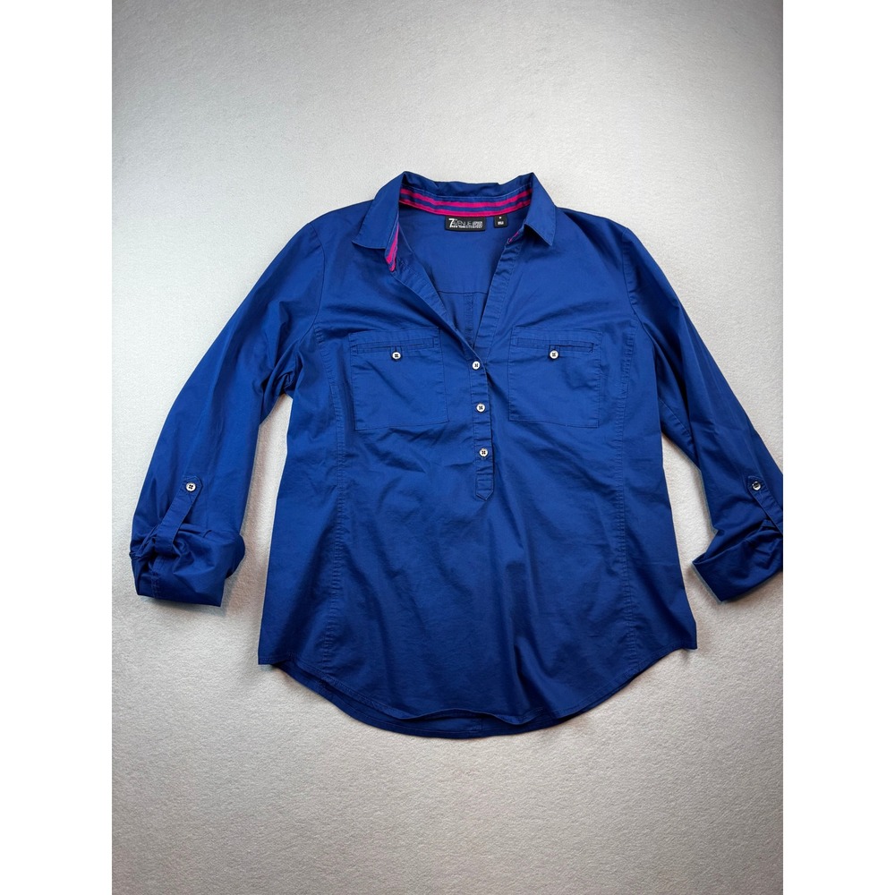 7th Avenue New York & Company Royal Blue Roll Tab Sleeve Popover Blouse Medium